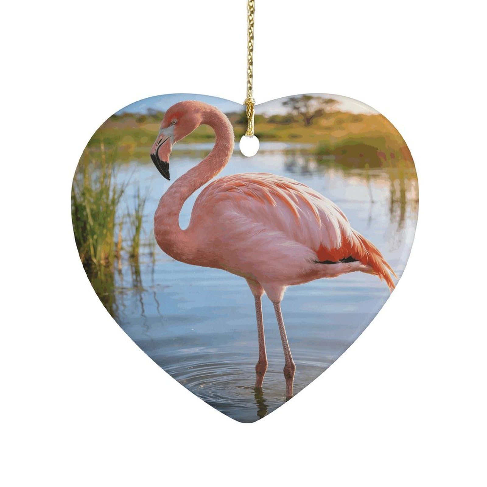 Khauerbc Style Elegant Flamingo With National Flagheart Shaped Ceramic Ornament With String,Ceramic Ornament,Two-Sided Printed For Christmas Tree And Holiday Decoration