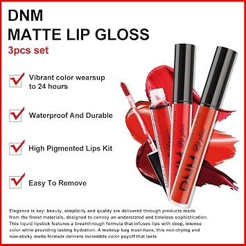 3Pcs Dark Ruby Fire Red Matte Liquid Lipstick Lip Stain Lipgloss sets for Women 24 Hour Red Matte Lipstick Long Lasting Smudge Proof