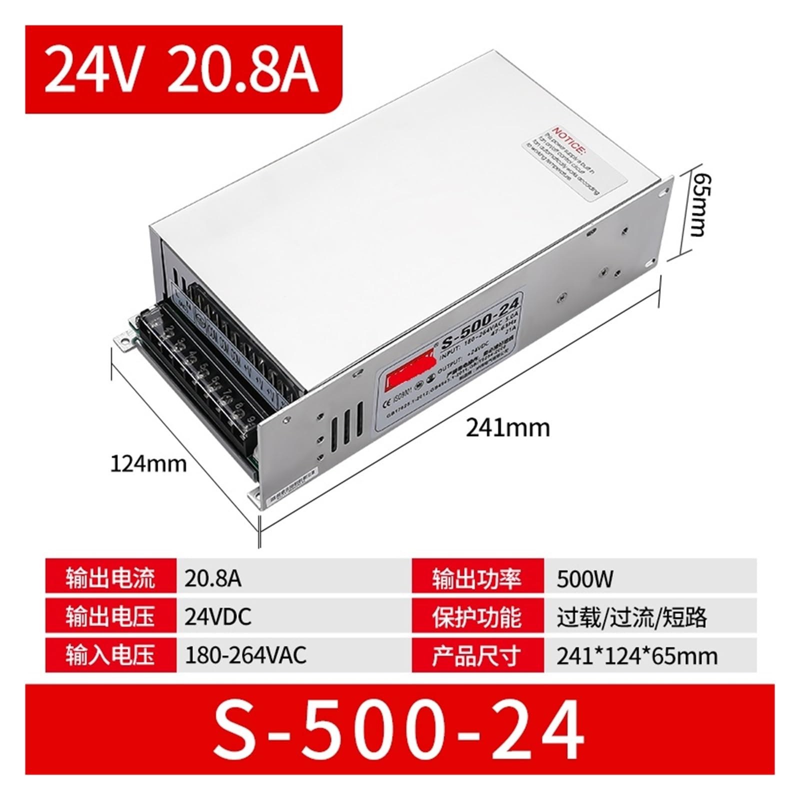 500 W S-600W-24 220 do 12 V 24 V 36 V 48 V 60 V 20 A 40 V DC konwersja DC na DC (S-500-24)