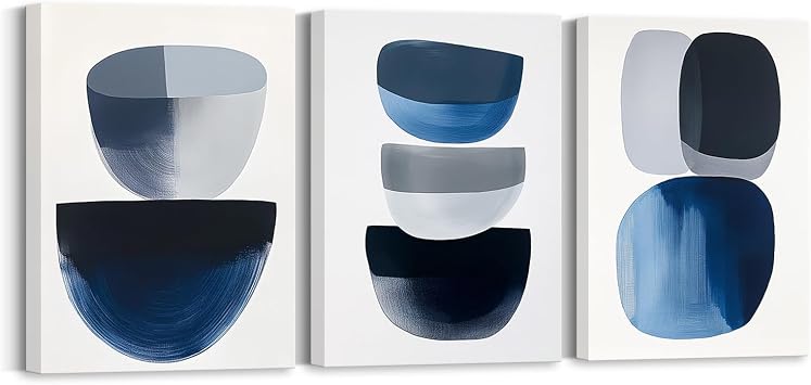 iHAPPYWALL 3 Pieces Abstract Wall Art Blue White Grey Picture Geometric Canvas Painting Fantasy Artwork Home Office Bathroom Decor Gallery Wrapped