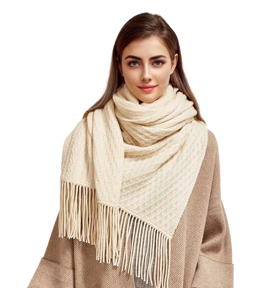 100% Pure Cashmere Luxury Cable Knitted Scarf Shawl Wrap for Women Winter Thick Warm2