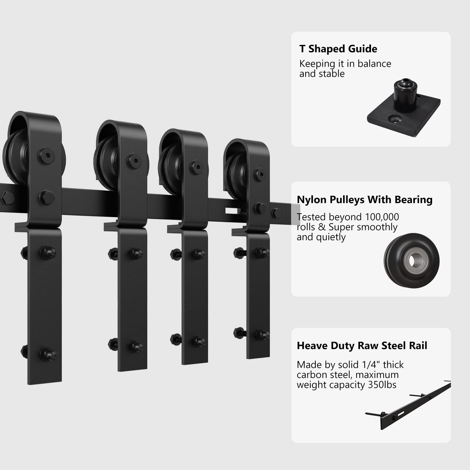 ROOMTEC Kit de quincaillerie pour porte de grange coulissante à deux battants de 1,5 m, kit de rouleau noir pour 4 portes, en forme de J (sans porte)