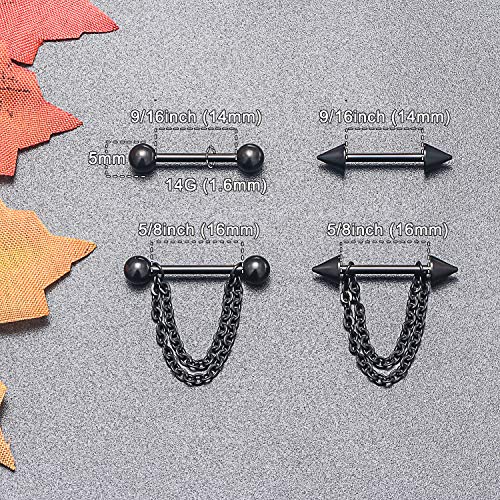 Dyknasz 316L Surgical Steel Chain Dangle Nipple Shield Rings Nipplering Barbell Piercing Jewelry For Women Men 14G 4 Pairs Externally Threaded Ball Spike Black #TOP2