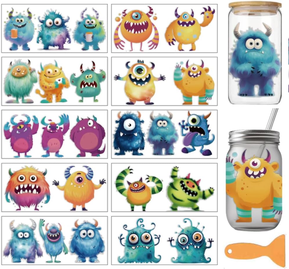 arricraft 10 Pcs Monster Theme Cup Printing UV Transfer Papers, 10 Styles Cute Little Monster PVC DIY Heat Transfer Stickers for 16 OZ Glass Cups Crafts 9.5x4.3inch