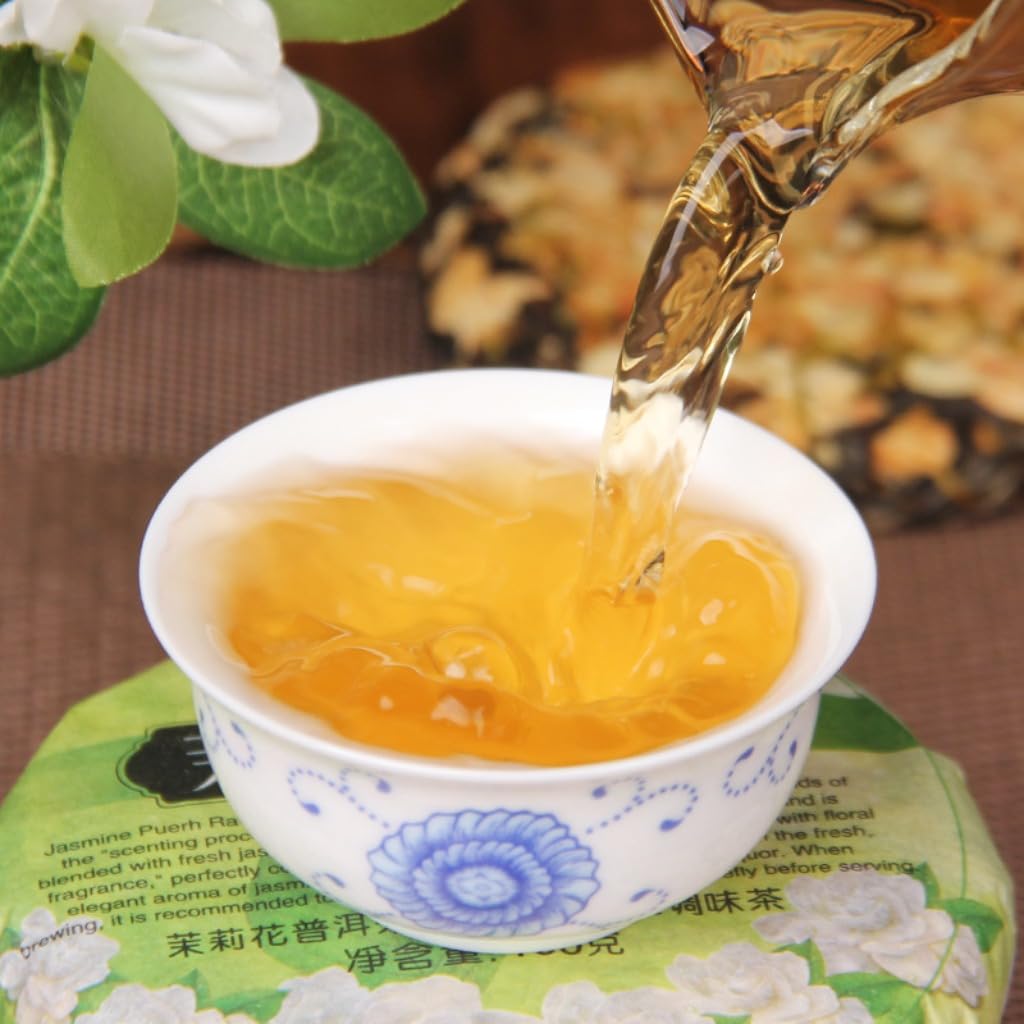 Thé Pu-erh Cru Du Yunnan | Gâteau De Thé Vert Au Jasmin | De Qualité A, Thé Floral Pressé Parfumé | Boisson Naturelle Saine (100g * 5)