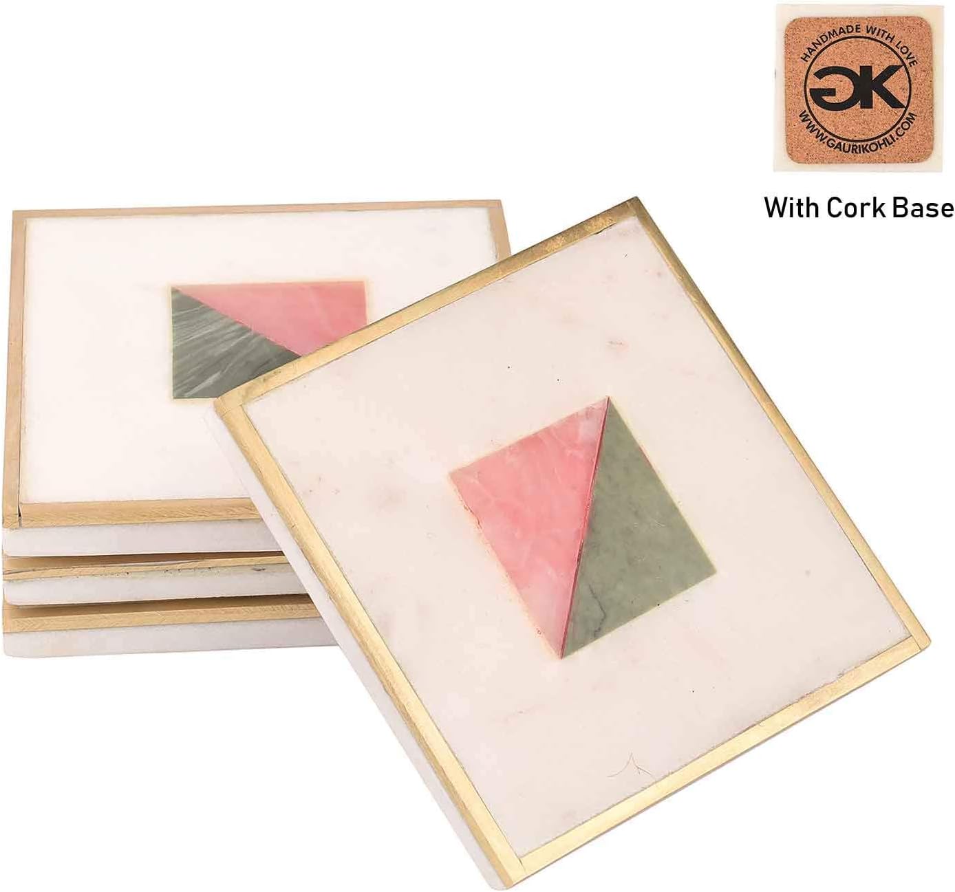 GAURI KOHLI Pink Green Onyx Marble Coasters With Cork Bottom, Gold Inlay (Large Size | Set of 4)