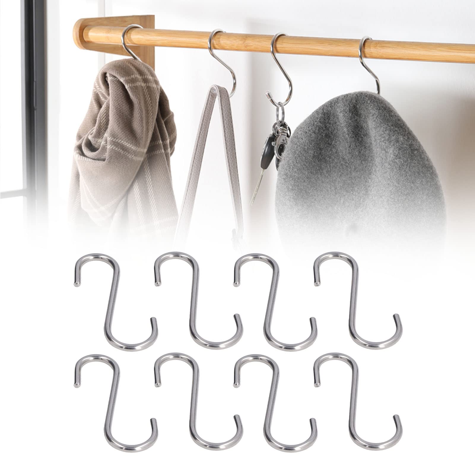 Natudeco Metal S Hook Clothes Hanger Hook 8 Pack Stainless Steel Hook Heavy Duty Simple Style Stand Portable Kitchen Bathroom Garden Balcony Hook(8-Pack S Hook)