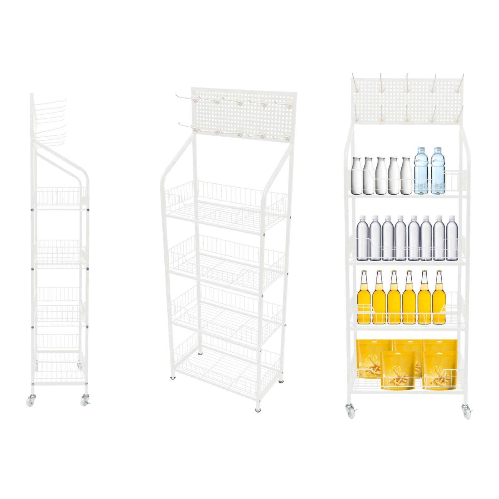 GXFCHYL 4 Tier Retail Display Rack Shelf with 10 Hooks & Wheels Snack Candy Display Organizer 19.6 * 10.6 * 55in Metal Wire Storage Shelf Display Rack Store Display Shelf (White)