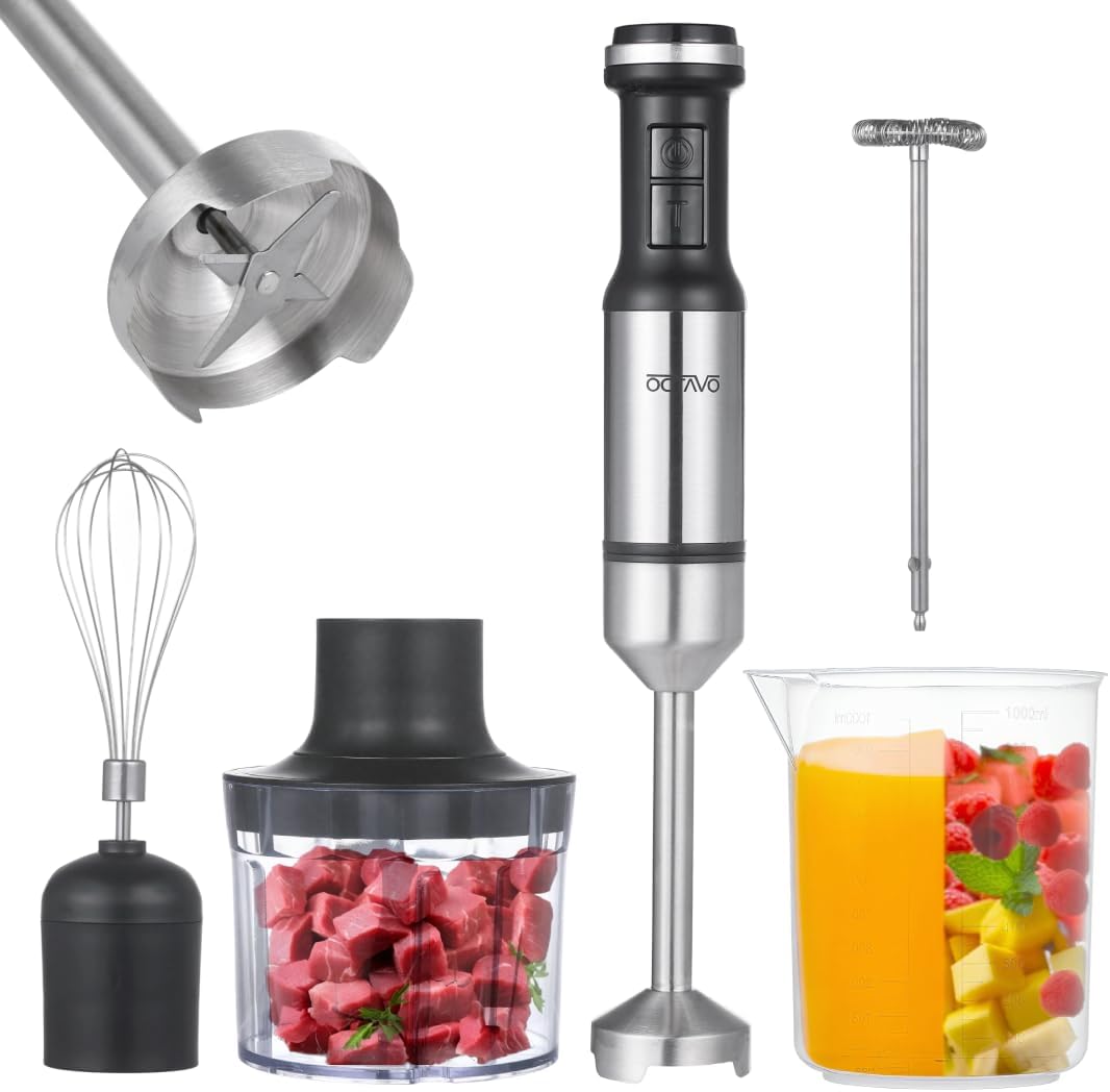 Octave Immersion Blender Handheld Corded Hand Blenders Set 800W, Stepless Variable Speed 5 in 1 Stick Emulsifier with Chopper, Whisk and Frother for Soup, Smoothies