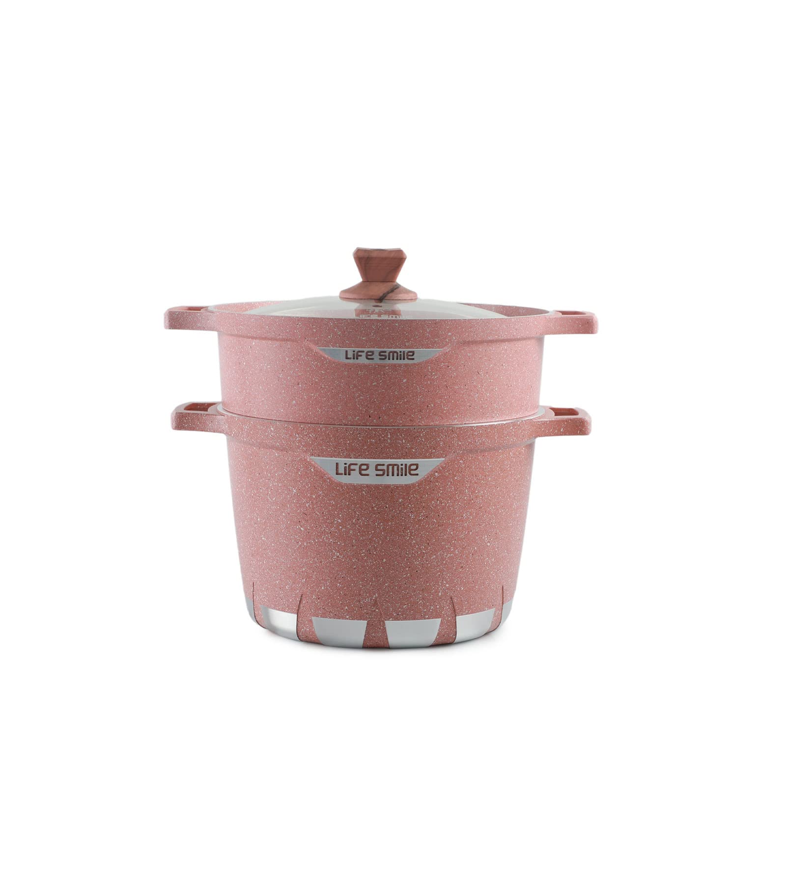 LIFE SMILEMultipurpose Steam Pot 2-Tier, Aluminum Granite Coating Stock Pot and Steamer Pot - Cooking Pot with Lid for Soups, Stews and Pasta, Vegetables, Seafood (Pink, 28 CM(11 Liters))