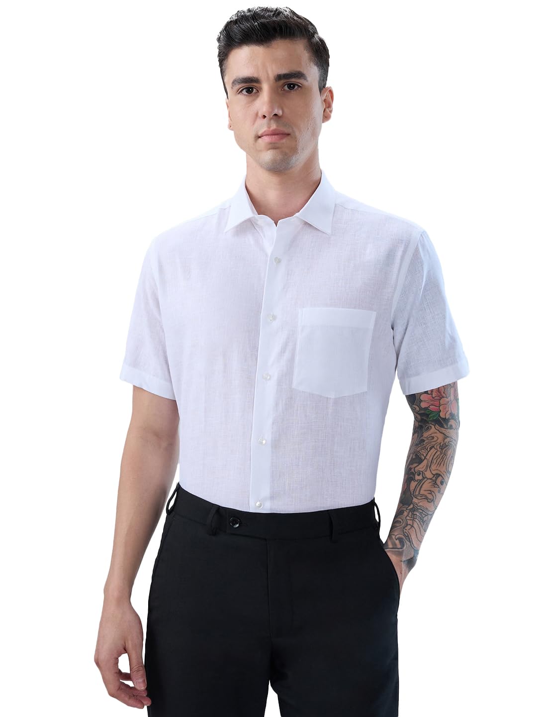 park avenue Men Regular Fit Structure Pattern Linen Cotton Blend Semi Cutaway Collar Half Sleeve Formal Shirt-picture-38