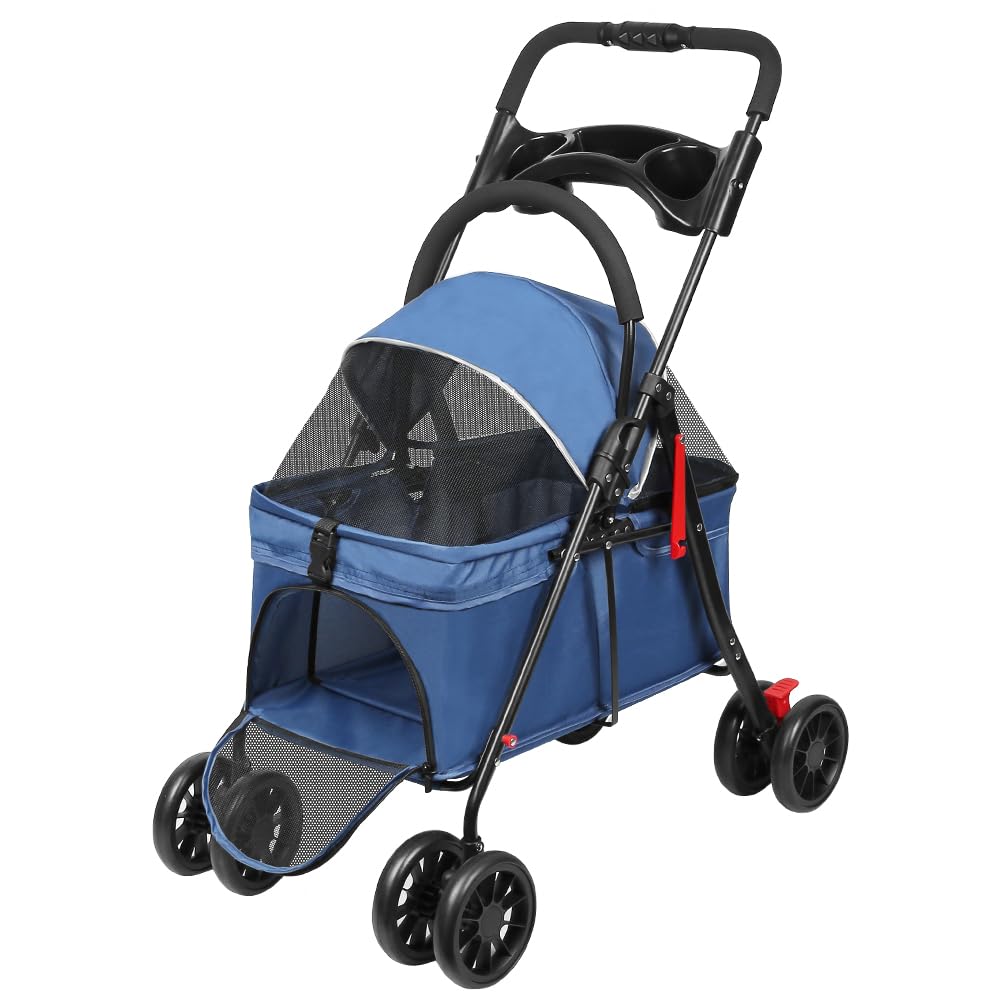 Passeggino 2 in 1 per cani e gatti, pieghevole e pratico, con navicella rimovibile di sicurezza, fino a 20 kg, per cani di piccola taglia media (blu)