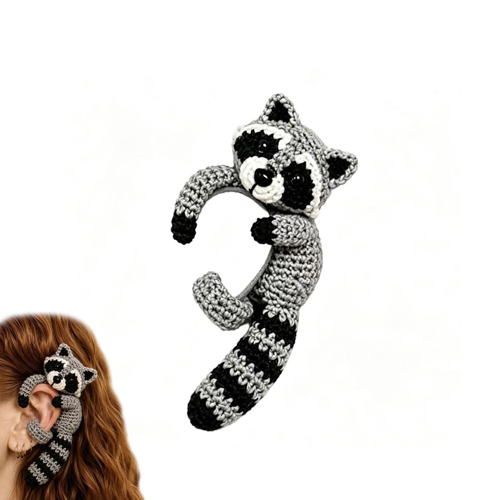 Crocheted Animal Ear Cuffs, Handmade Soft Knit Ears Hug Earrings Jewelry, Cute Raccoon Fox Cat Dog Ear Wrap Climber, No Piercing Costume Accessory Gift (#D)