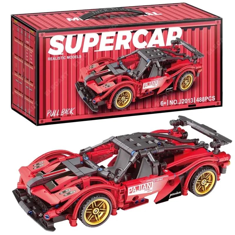 Image of 1:18 Scale Racing Car Building Block Set - Pull Back DIY Assembly Supercar Model | Compatible Bricks Toy for Kids, Adults, Collectors & Racing Car Lovers (RED)