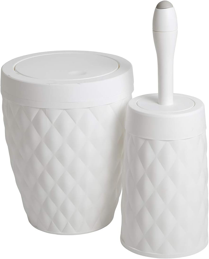 Addis Diamond Style Bathroom Swing Bin & Toilet Brush with Internal Detergent Injection Handle System Twin Set, White