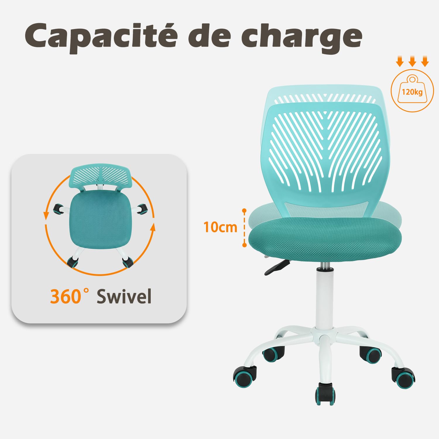 Sedia da ufficio ergonomica in tessuto, 45,5 × 39 × 85 cm, turchese | Girevole senza braccioli, altezza regolabile, comfort schiuma, carico 120 kg, scrivania camera da letto lettura