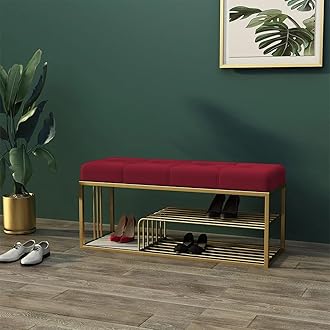 Metal End of Bed Bench-Upholstered Entry Shoe Storage with Nailhead Trim,Black Mental Frame Ottoman Bench for Bedroom Entry Window Mudroom Living Room (Maroon)