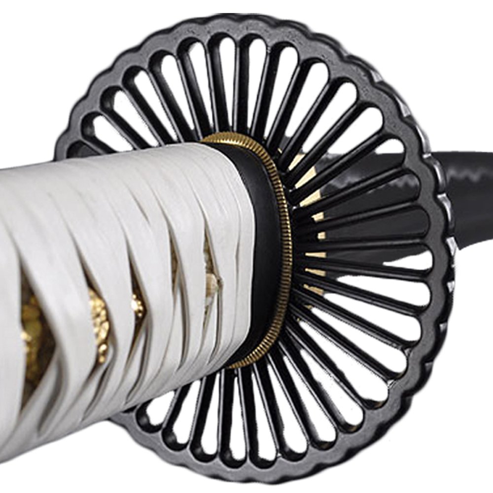 Handmade Sword - Fully Practical Japanese Samurai Katana Sword, Hand Forged, Full Tang, 1045 Carbon Steel Sharp, Heat Tempered, Empire Wheel Tsuba, White Scabbard Wrapped by Leather