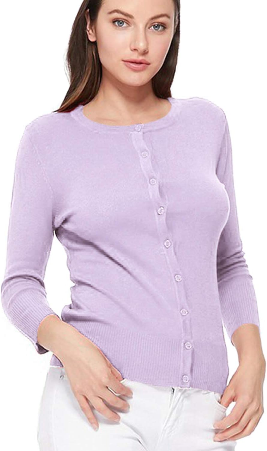 Women's 3/4 Sleeve Crew Neck Button Down Stretch Knit Cardigan Sweater (S-3XL) - Image 5