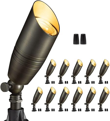 Gardenreet Foco de paisaje de latón macizo, 12 V de bajo voltaje direccional, luz de paisaje LED para exteriores sin bombilla (paquete de 12)