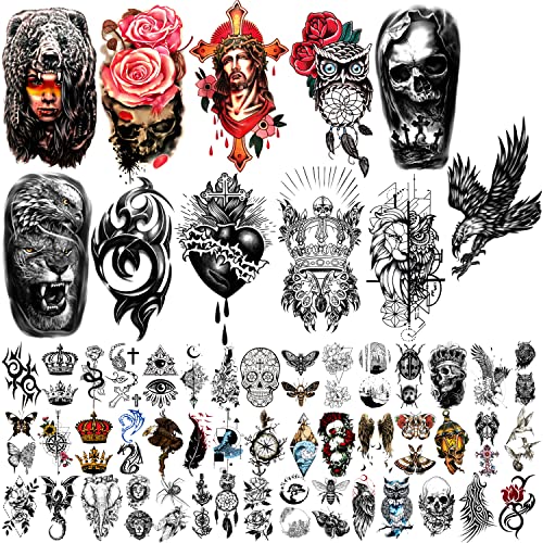 Metuu Tatouages temporaires 56 pièces-tatouage de bras étanche petit tatouage, fleurs couronnes Animal Dragon Collection Tats pour adultes hommes et femmes