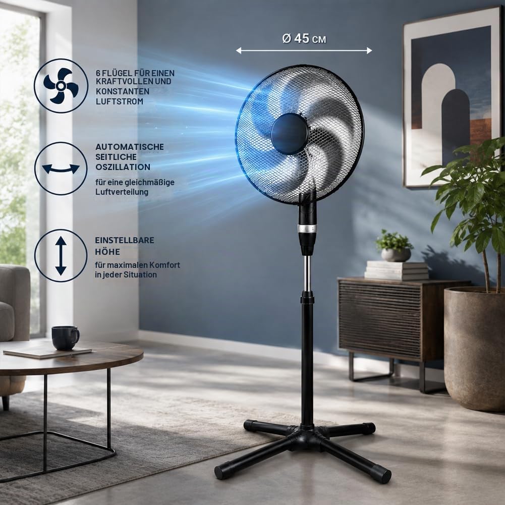 BAKAJI Standventilator Leistung 75 W schwarz mit 6 Flügeln Durchmesser 40 cm und Gitter 45 cm, selbsttragender Air Fan mit breitem und soliden Sockel und 3 wählbaren Geschwindigkeiten mit Gleitring