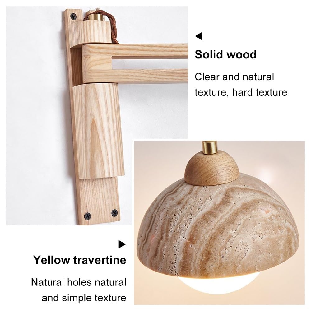 Aplique de pared de madera, pantalla de travertino amarillo | Lámpara de pared Wabi Sabi de estilo japonés, lámpara de pared de mármol moderna de mediados de siglo for cabecera(B)