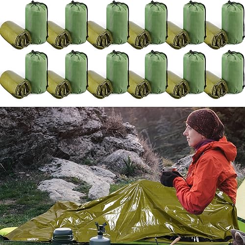 Mixweer 12 Pcs Emergency Sleeping Bag Portable Survival Thermal Bivy Sack Lightweight Emergency Shelter for Homeless People Waterproof Bivy Bag for Camping Hiking Adventure Outdoor, Green