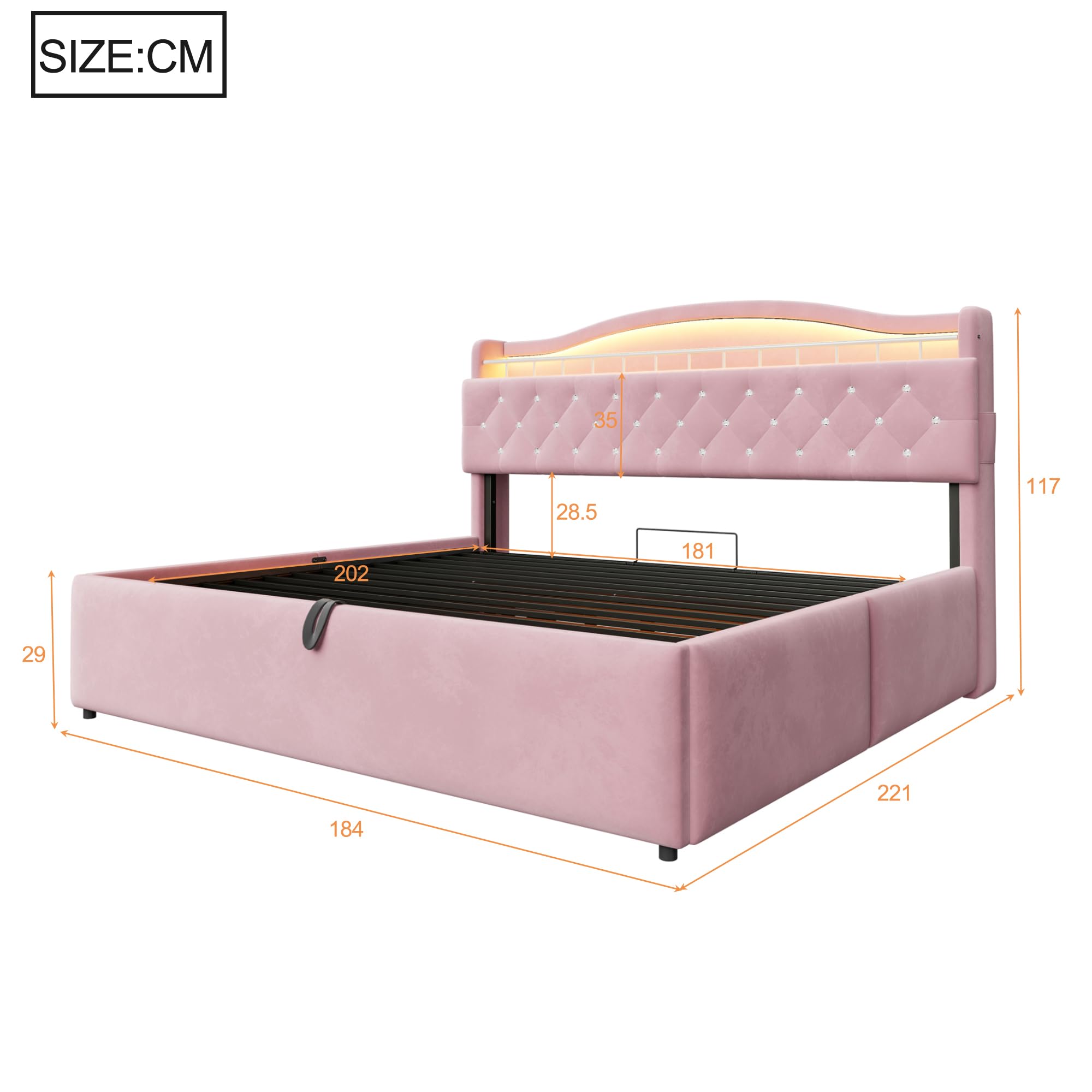 Letto imbottito idraulico, letto matrimoniale con contenitore, 180 x 200 cm