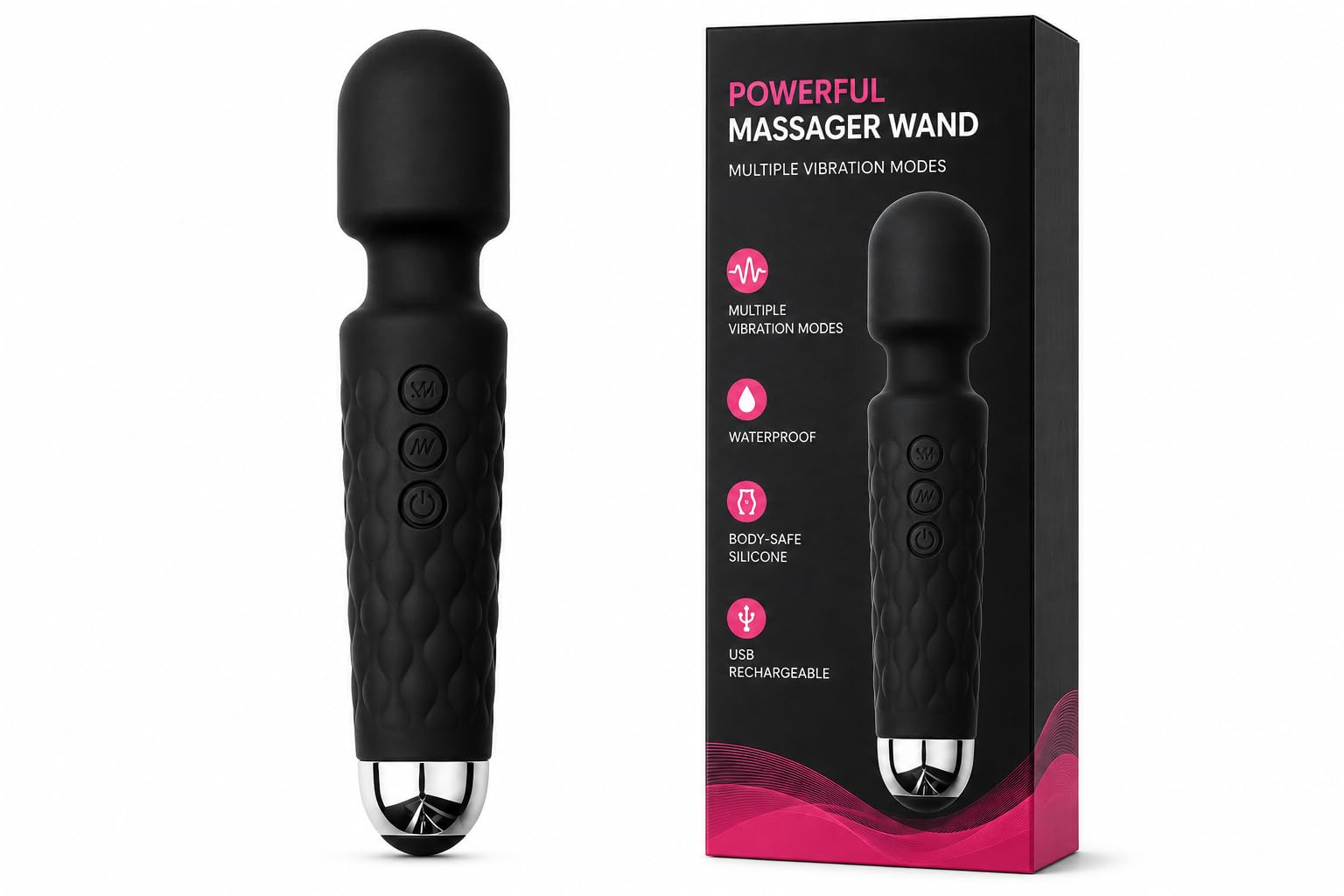 Powerful Wand Massager, Black, Body-Safe Silicone, 8 Speeds, 20 Vibration Modes, Waterproof, USB Rechargeable, for Women and Men-image-21