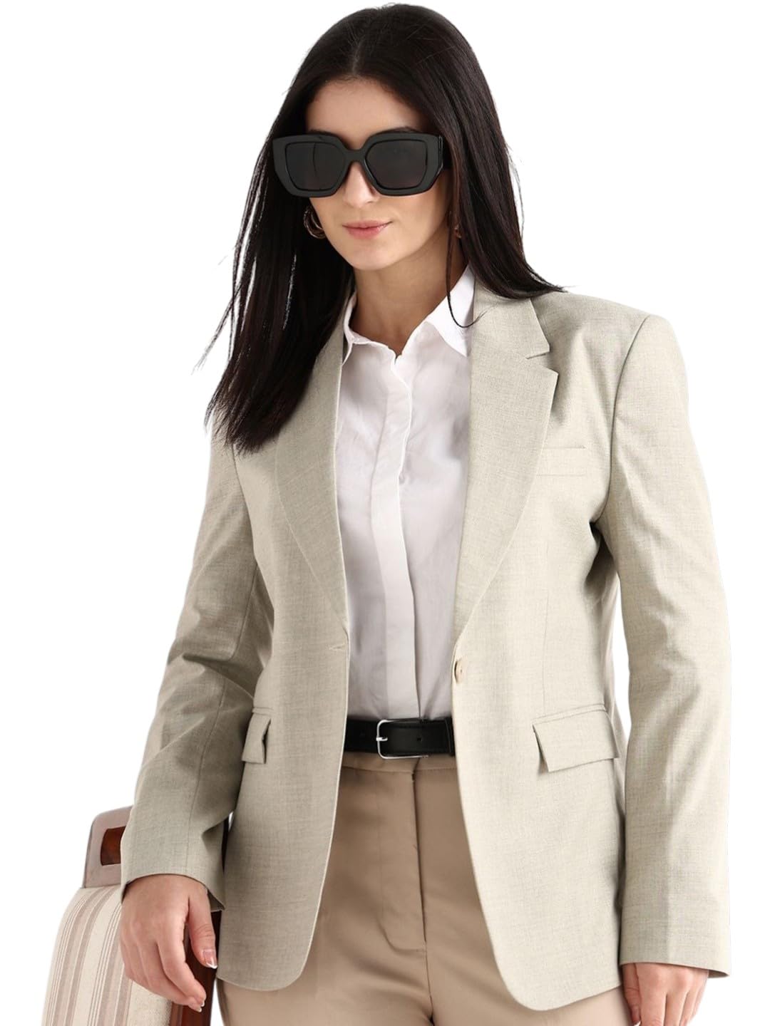 hancock Women Beige Solid Slim Fit Single Breasted Blazer-picture-27