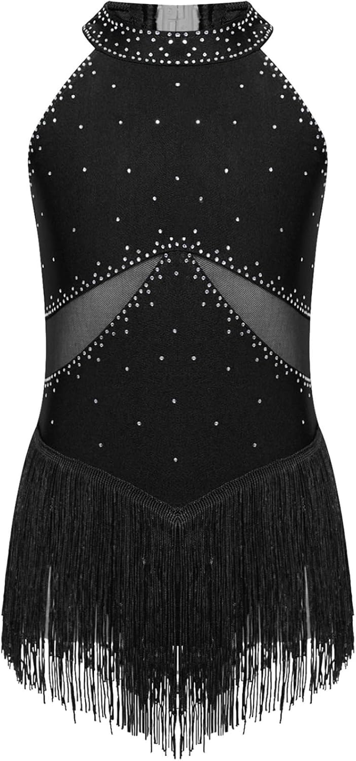 JEYPINMI Kids Girls Latin Jazz Fringed Dress Sequins Tassel Leotard Gymnastic Bodysuit for Performance