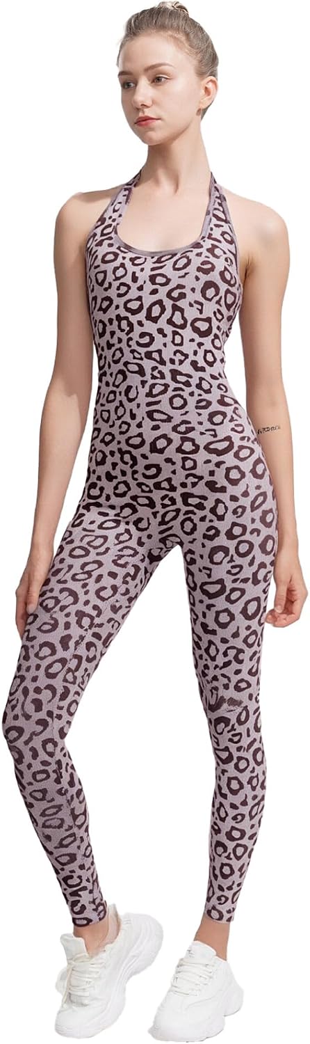 Women's Slim Fit Leopard Print Unitard Sleeveless Activewear for Gym Yoga Workout Gymnastics Sports
