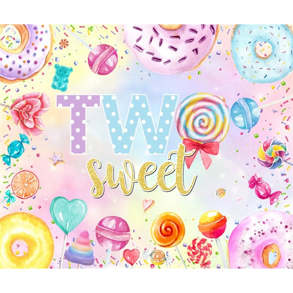 YongFotoSweet Happy Two Birthday Backdrop 5x3ft Lollipop Donut Sugar Needle Orange Candyland Photography Background Sweet Baby Girl 2nd Birthday Party Cake Smash Dessert Cake Table Decoration