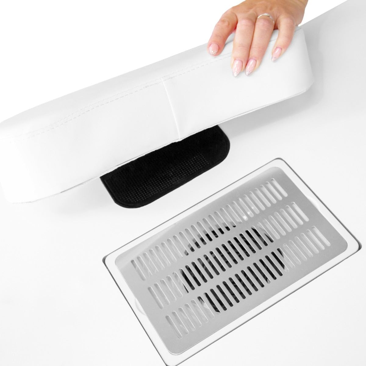 Mesa Manicura Profesional c/Colector de Polvo y Ruedas + Lámpara de Mesa Media luna LED 50 W | Regulable 3000-6000K | Soporte teléfono | Almohadillas para fijar | Pestañas, Uñas, Tatuajes, Estética