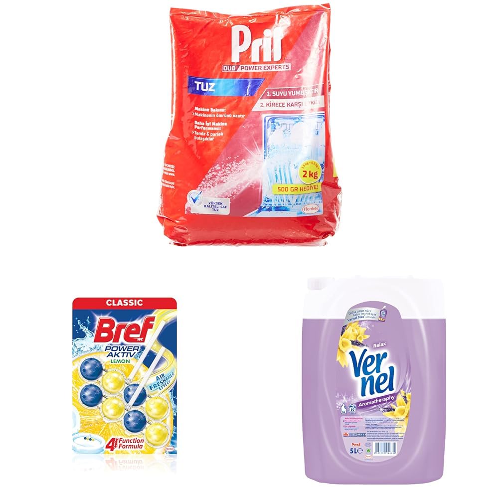 Pril Duo Power Experts Kirece Karşı Etkili Bulaşık Makinesi Tuzu + Bref WC Power Aktiv Limon Duo Pack 2'li + Vernel Aroma Therapy Relax 50 Yıkama