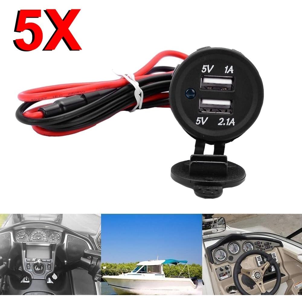 MMOBIEL Packung mit 5 Universal-USB-Ladegeräten, wasserdicht, 2 Steckdosen mit Blauer LED-Anzeige, mit 2 USB-Buchsen, Davon 1 x Schnellladung 2,1 A, 12 V, zur Verwendung auf Booten, Motorrädern,