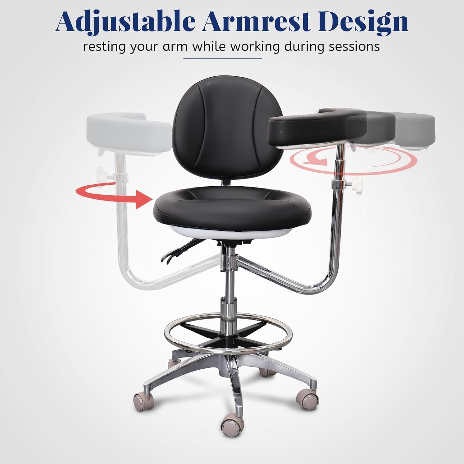 Medical Dental Assistant Chair with Rotatable Armrest Rolling Medical Chair Ergonomic Swivel Seating Back Support Dentist Stool for Clinics, Dental Offices, Labs-Black