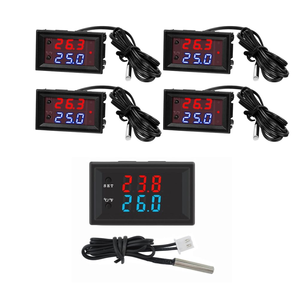 12V Electronic Temperature Controller Programmable -50 to 110 Degree Celsius Heating/Cooling Thermostat Control Switch Module NTC Waterproof Sensor Probe Dual Color LED Display Monitor (4 Pcs)