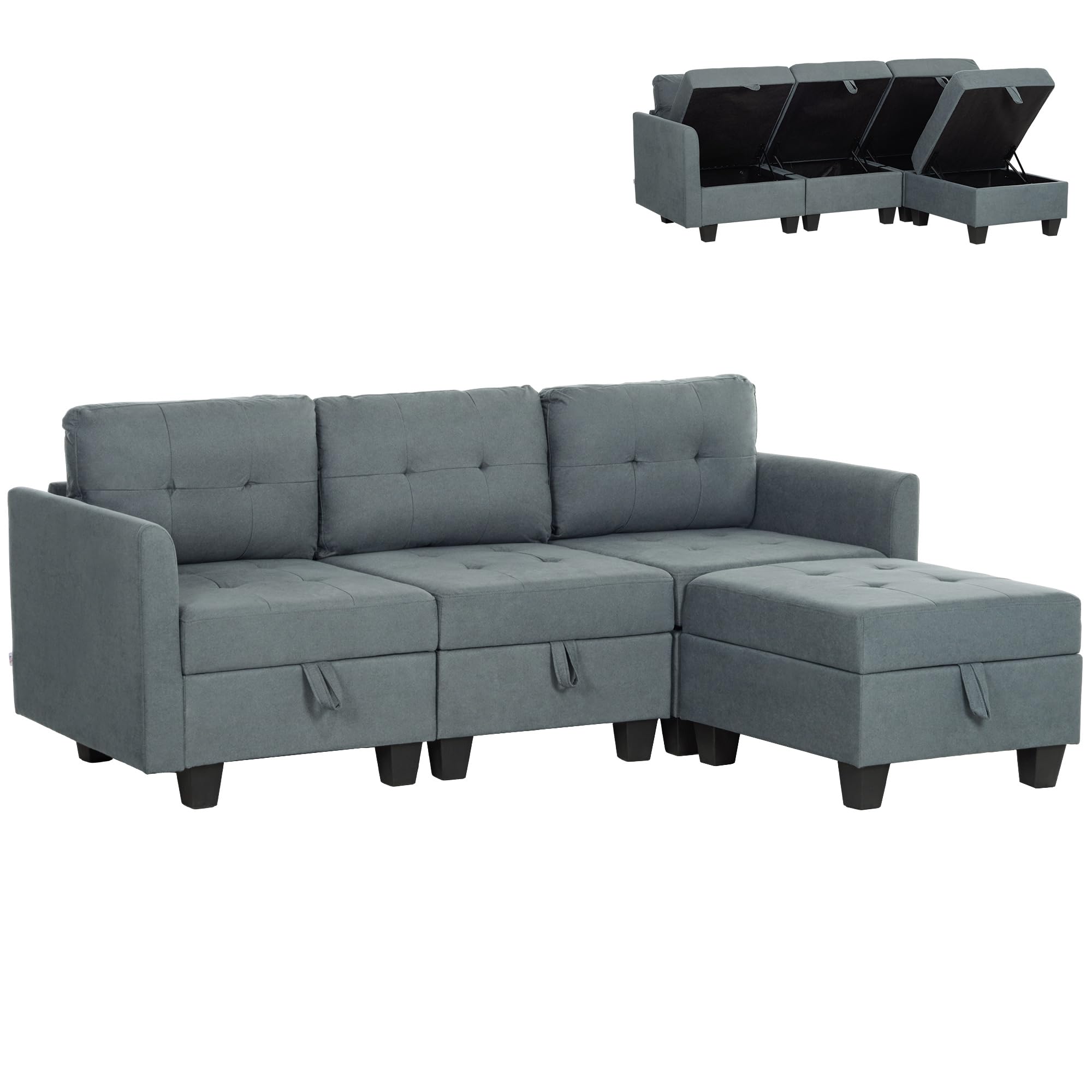 HOMCOM Convertible Modular Sectional Sofa w/ Storage Wood Frame Dark Grey