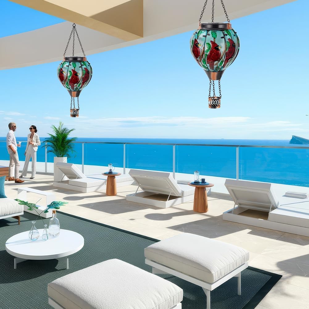 2 PCS Cardinal Hot Air Balloon Solar Lantern with Flickering Flame Light,Glass Hanging Solar Lights Outdoor Waterproof for Patio Yard Party Gift Decor