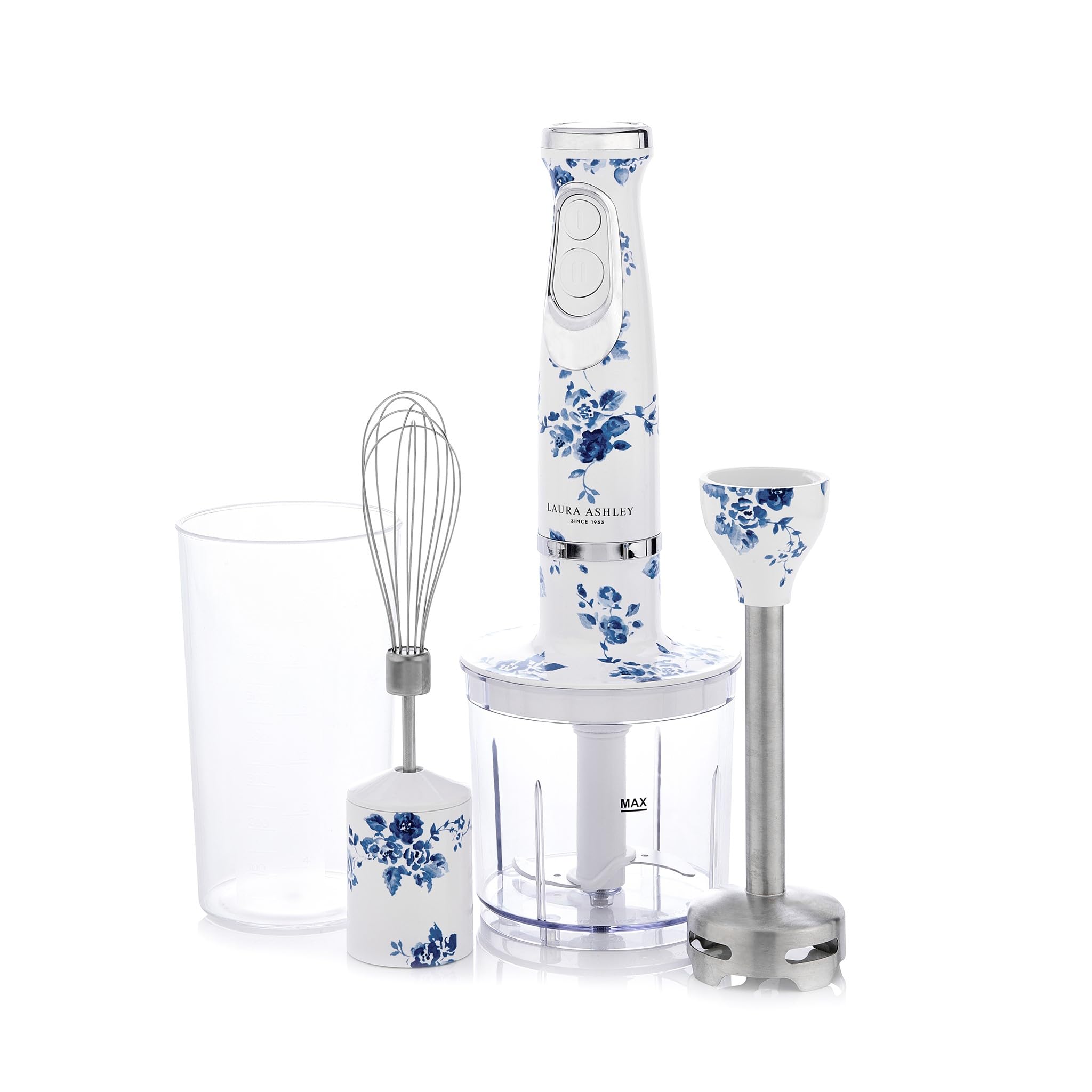 Laura Ashley Elektryczny Blendery Ręczne o Mocy 600 W z Nadrukiem China Rose firmy VQ - Hand Blender 4 w 1 z Ostrzami ze Stali Nierdzewnej, Trzepaczką i Kubkiem do Mieszania o Pojemności 300 ml
