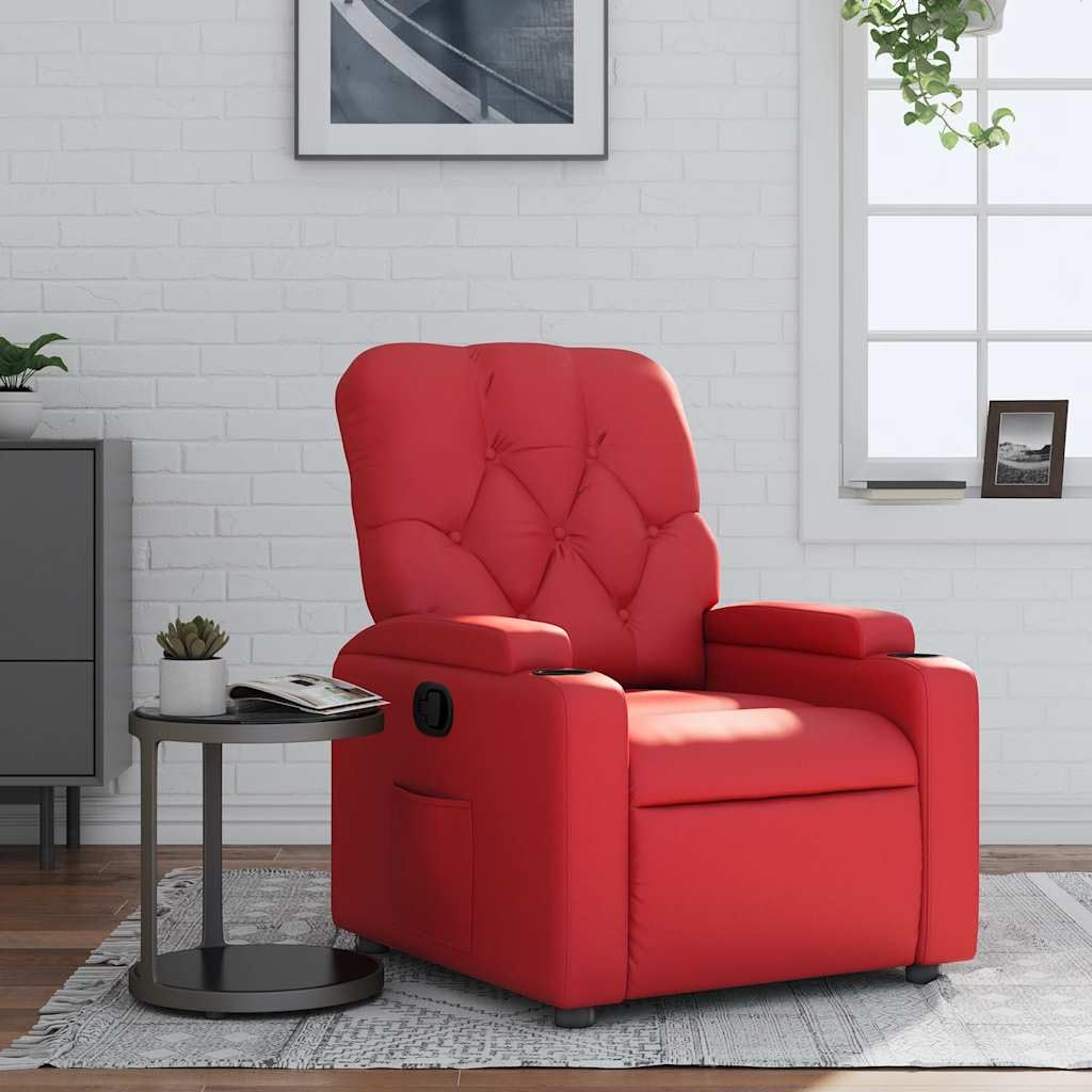 Fauteuil relax rouge en cuir synthétique avec fonction de couchage manuelle, accoudoir, dossier, cadre en bois et métal, porte-gobelet et poche latérale, confortable pour salon, bureau, coin