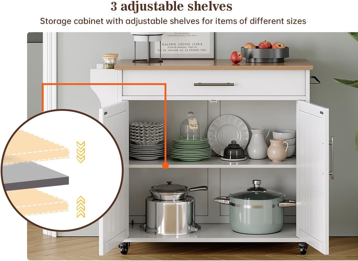 Kitchen Storage Island, Wooden Rolling Kitchen Island On Wheels with Countertop, Mobile Kitchen Island Cart with Towel Rack, Spice Rack and Drawers, White