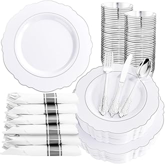 Liacere 350PCS Silver Plastic Plates-Disposable White and Silver Plates 50guest Baroque Plastic Dinnerware Set include 100Plates, 50Pack Pre Rolled Napkins with Silverware 50Cups Perfect for Christmas