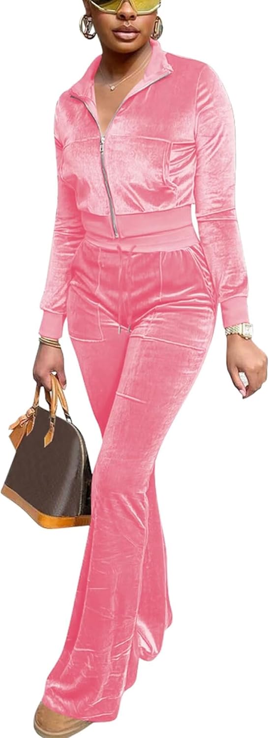 Velour Tracksuit Womens 2 Piece Outfits Zip Up Cropped Jacket Top and Flare Pants Sweatsuits, 01-pink, X-Small