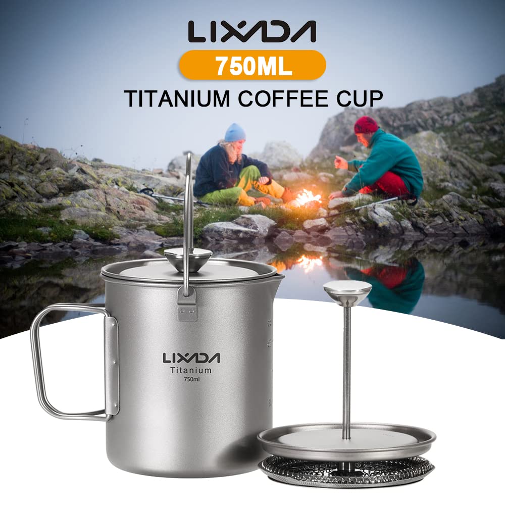 Lixada Taza de Café de Titanio de 750 ml Camping Taza de Titanio Cafetera de Prensa Francesa con Tapa Olla de Cocina para Acampar al Aire Libre