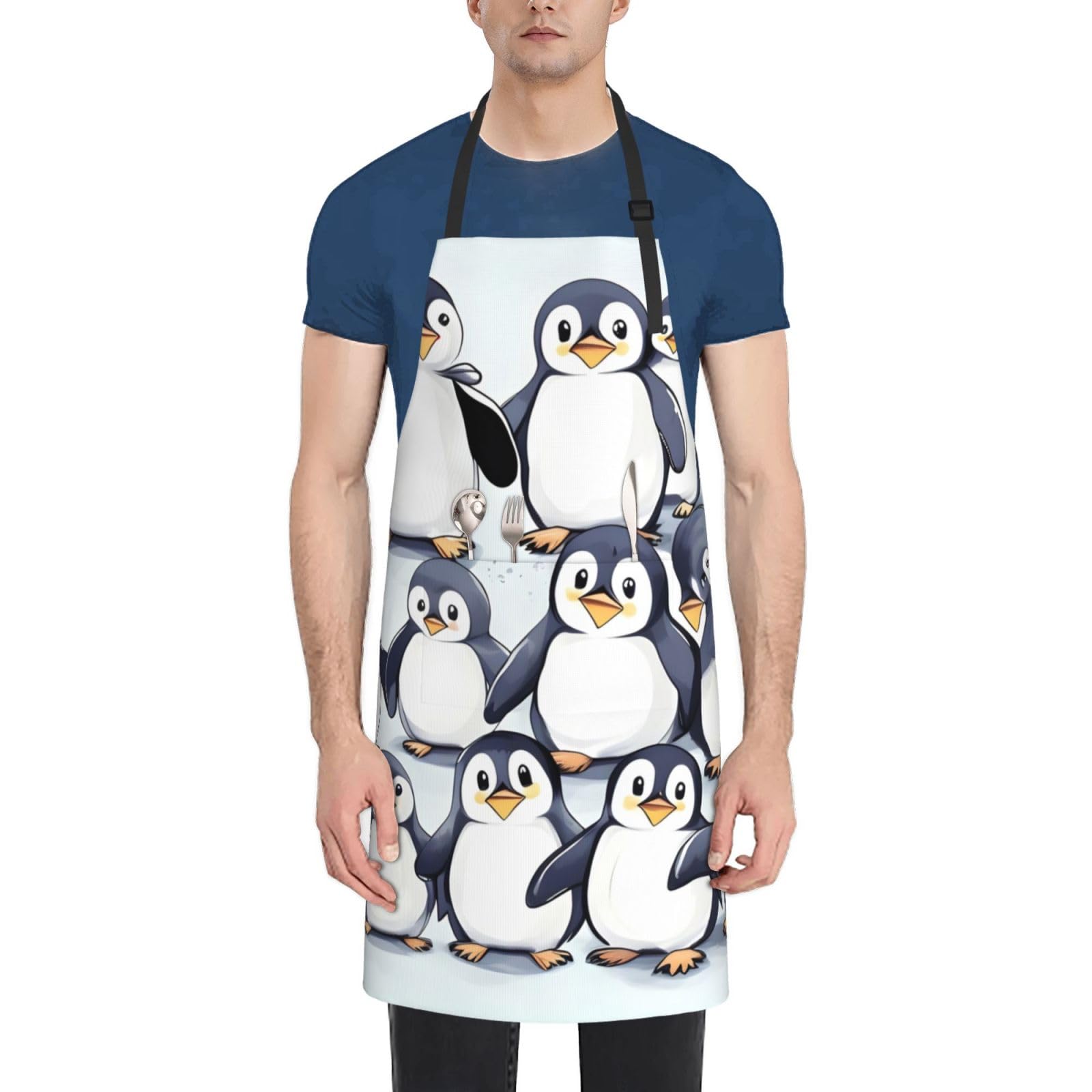 SSGVLPTO many Cute Baby Penguins Sketch print Aprons, Adjustable Aprons, Adult Apron with Pockets, Polyester Aprons, Black, One size