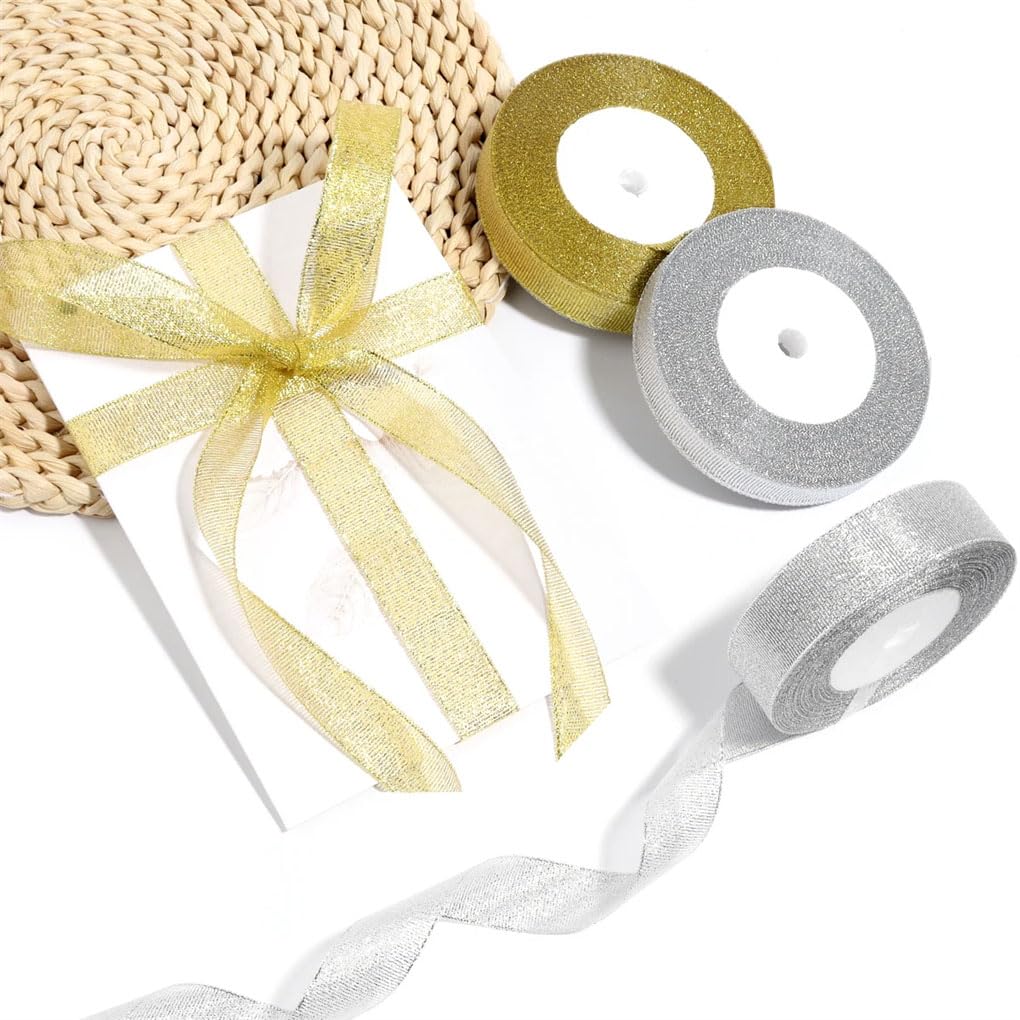 Rollo de cintas doradas y plateadas de 6 a 50 mm, cinta de satén con purpurina para manualidades, pasteles, bricolaje, decoración de boda, cinta plateada de 1,2 cm