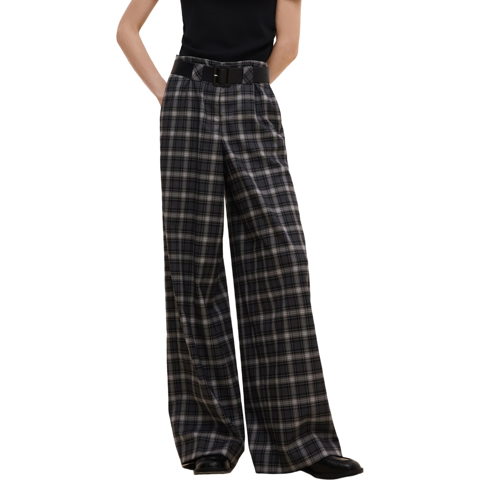 GOELIA Checkered Pants Women Palazzo Plaid Pants with Belt Wide Leg Black and Gray Gingham Trousers with Pockets